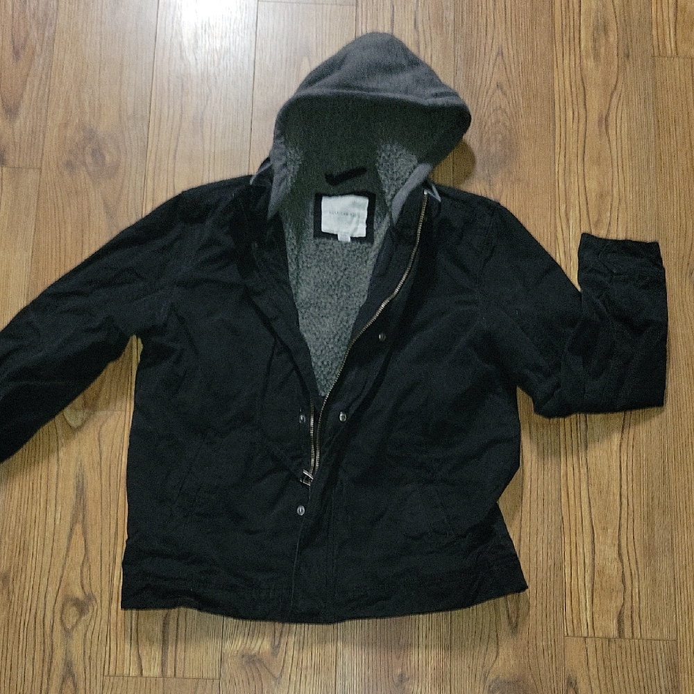 American Eagle Outfitters Black Utility Jacket with Gray Hood